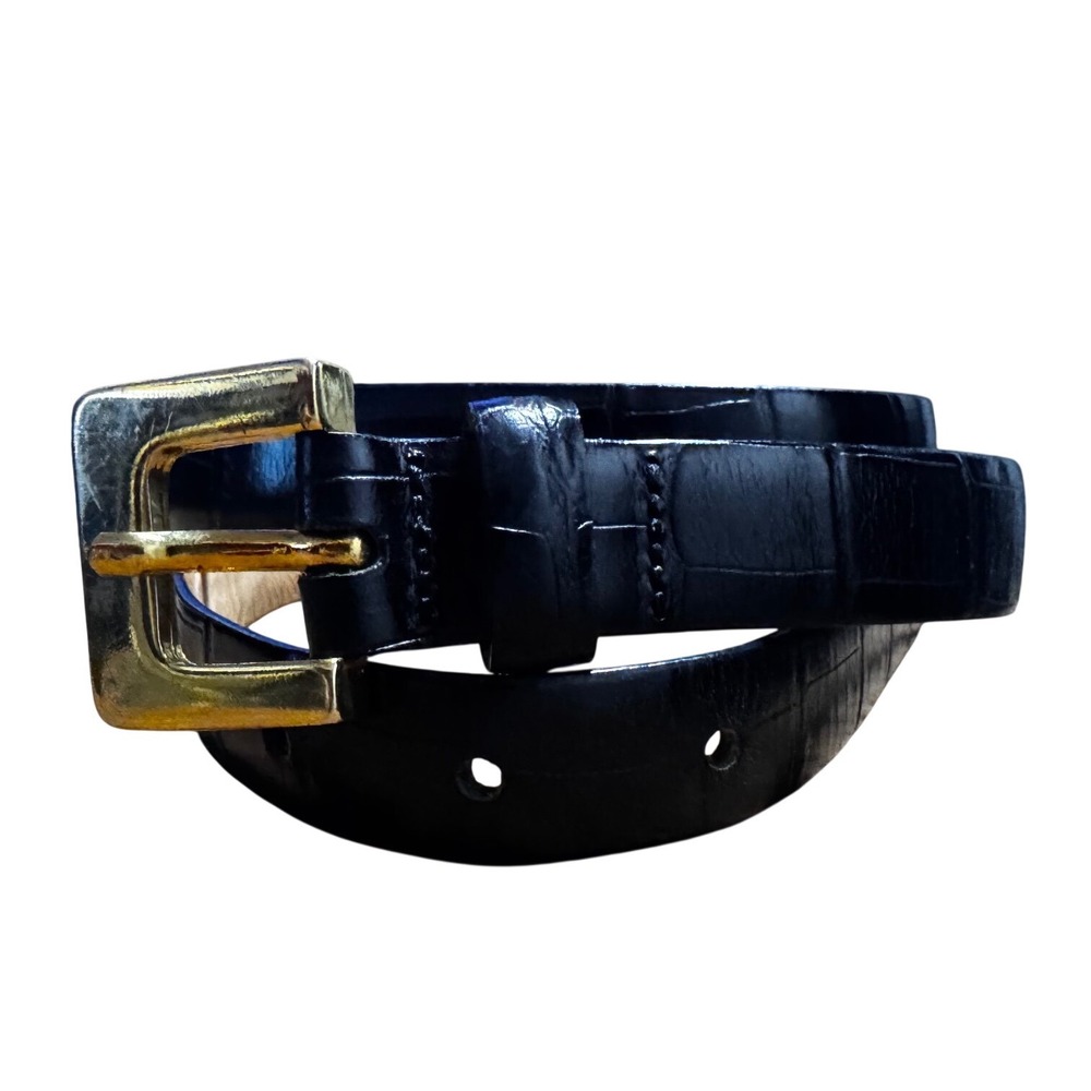 Tosca Blu Black Croc Embossed Leather Belt Gold Tone Buckle Italy Size S/M VTG